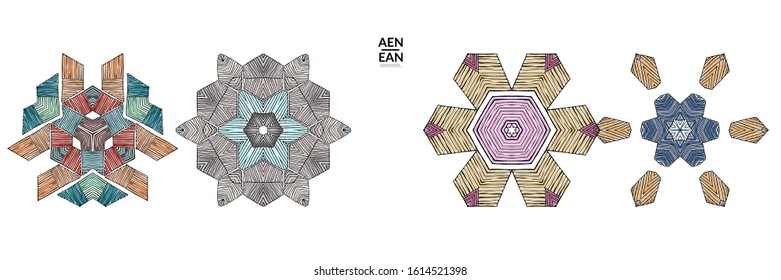 Abstract geometric shape with roughly hand drawn black lines and colored stripes. Striped symmetrical geometrical symbol. Vector isolated on white. Properly grouped for black outline and colored part.