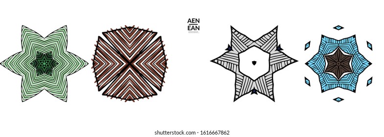 Abstract geometric shape with roughly hand drawn black lines and colored stripes. Striped symmetrical geometrical symbol. Vector isolated on white. Properly grouped for black outline and colored part.