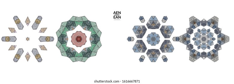 Abstract geometric shape with roughly hand drawn black lines and colored stripes. Striped symmetrical geometrical symbol. Vector isolated on white. Properly grouped for black outline and colored part.