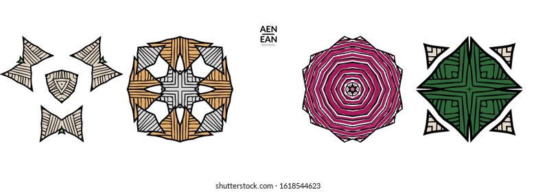 Abstract geometric shape with roughly hand drawn black lines and colored stripes. Striped symmetrical geometrical symbol. Vector isolated on white. Properly grouped for black outline and colored part.