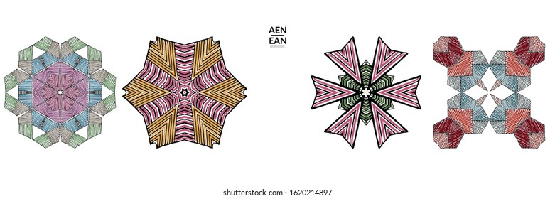 Abstract geometric shape with roughly hand drawn black lines and colored stripes. Striped symmetrical geometrical symbol. Vector isolated on white. Properly grouped for black outline and colored part.