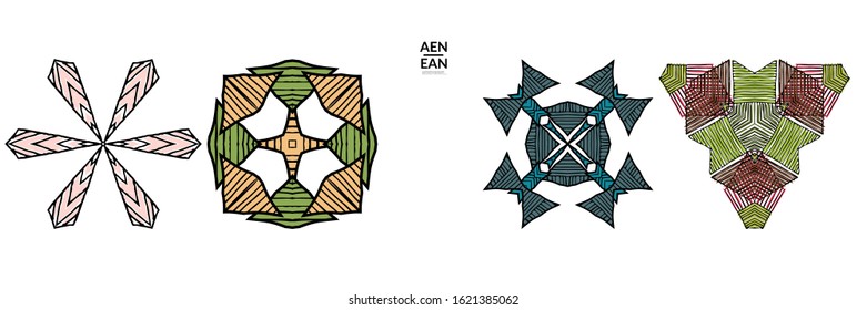 Abstract geometric shape with roughly hand drawn black lines and colored stripes. Striped symmetrical geometrical symbol. Vector isolated on white. Properly grouped for black outline and colored part.