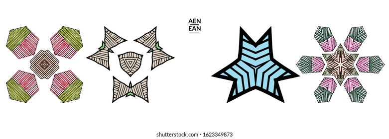 Abstract geometric shape with roughly hand drawn black lines and colored stripes. Striped symmetrical geometrical symbol. Vector isolated on white. Properly grouped for black outline and colored part.