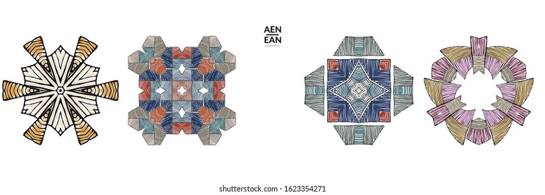 Abstract geometric shape with roughly hand drawn black lines and colored stripes. Striped symmetrical geometrical symbol. Vector isolated on white. Properly grouped for black outline and colored part.