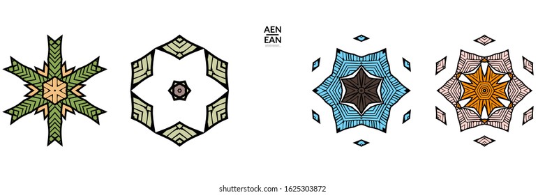 Abstract geometric shape with roughly hand drawn black lines and colored stripes. Striped symmetrical geometrical symbol. Vector isolated on white. Properly grouped for black outline and colored part.