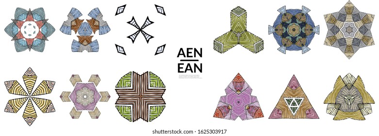 Abstract geometric shape with roughly hand drawn black lines and colored stripes. Striped symmetrical geometrical symbol. Vector isolated on white. Properly grouped for black outline and colored part.
