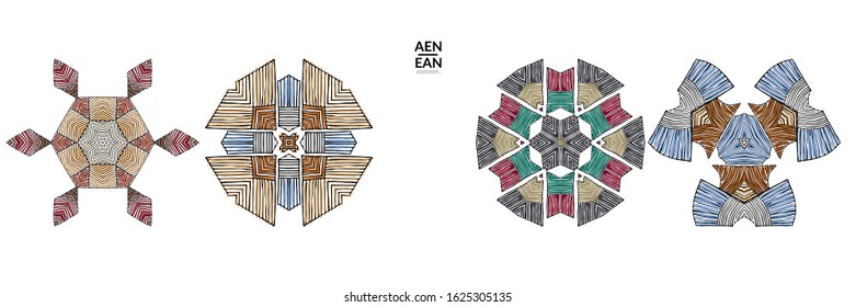 Abstract geometric shape with roughly hand drawn black lines and colored stripes. Striped symmetrical geometrical symbol. Vector isolated on white. Properly grouped for black outline and colored part.