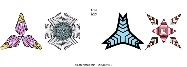 Abstract geometric shape with roughly hand drawn black lines and colored stripes. Striped symmetrical geometrical symbol. Vector isolated on white. Properly grouped for black outline and colored part.