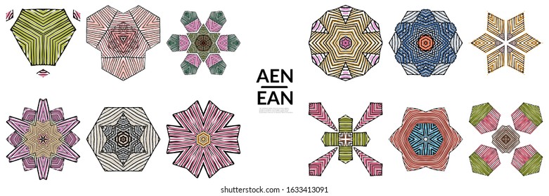Abstract geometric shape with roughly hand drawn black lines and colored stripes. Striped symmetrical geometrical symbol. Vector isolated on white. Properly grouped for black outline and colored part.