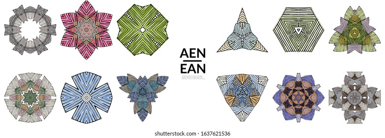 Abstract geometric shape with roughly hand drawn black lines and colored stripes. Striped symmetrical geometrical symbol. Vector isolated on white. Properly grouped for black outline and colored part.