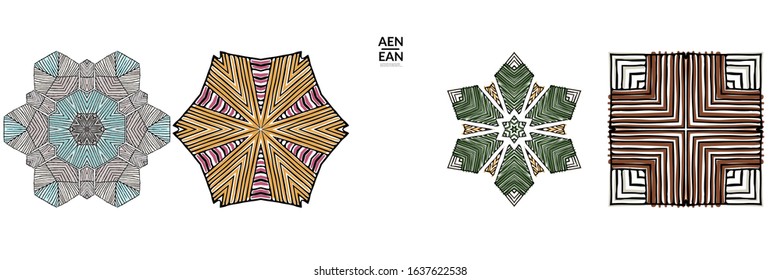 Abstract geometric shape with roughly hand drawn black lines and colored stripes. Striped symmetrical geometrical symbol. Vector isolated on white. Properly grouped for black outline and colored part.