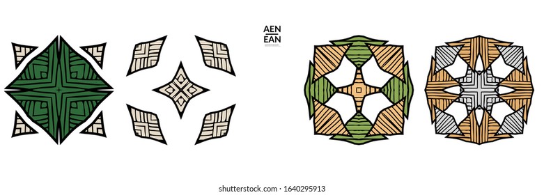 Abstract geometric shape with roughly hand drawn black lines and colored stripes. Striped symmetrical geometrical symbol. Vector isolated on white. Properly grouped for black outline and colored part.