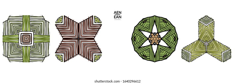 Abstract geometric shape with roughly hand drawn black lines and colored stripes. Striped symmetrical geometrical symbol. Vector isolated on white. Properly grouped for black outline and colored part.
