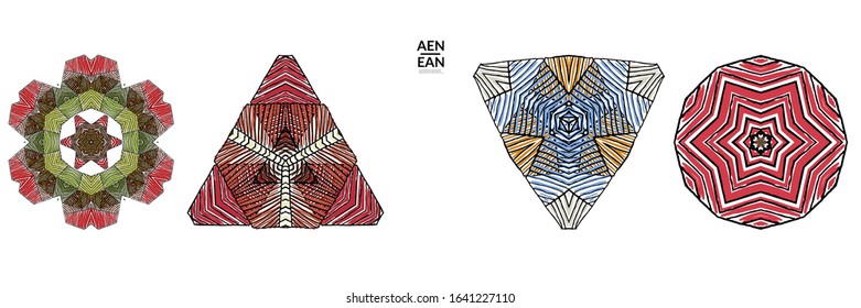 Abstract geometric shape with roughly hand drawn black lines and colored stripes. Striped symmetrical geometrical symbol. Vector isolated on white. Properly grouped for black outline and colored part.