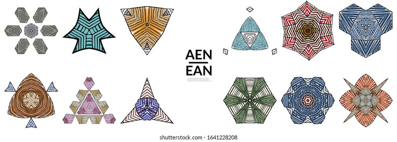 Abstract geometric shape with roughly hand drawn black lines and colored stripes. Striped symmetrical geometrical symbol. Vector isolated on white. Properly grouped for black outline and colored part.