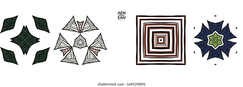 Abstract geometric shape with roughly hand drawn black lines and colored stripes. Striped symmetrical geometrical symbol. Vector isolated on white. Properly grouped for black outline and colored part.