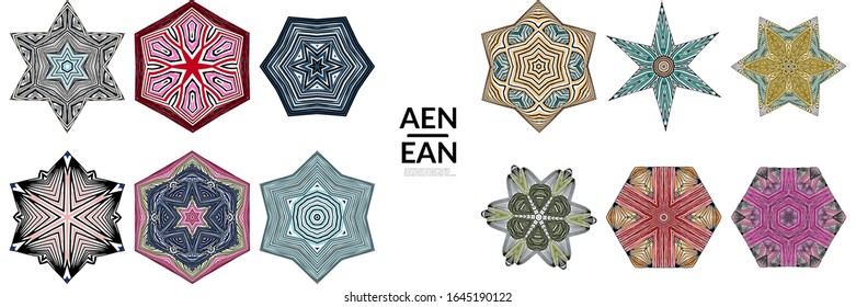 Abstract geometric shape with roughly hand drawn black lines and colored stripes. Striped symmetrical geometrical symbol. Vector isolated on white. Properly grouped for black outline and colored part.