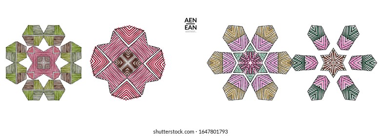 Abstract geometric shape with roughly hand drawn black lines and colored stripes. Striped symmetrical geometrical symbol. Vector isolated on white. Properly grouped for black outline and colored part.