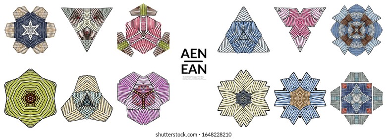 Abstrakte geometrische Form mit grob handgezeichneten schwarzen Linien und farbigen Streifen. Streifen symmetrisches geometrisches Symbol. Vektorillustration einzeln auf Weiß. Richtig gruppiert für schwarze Umrisse und farbige Teile.