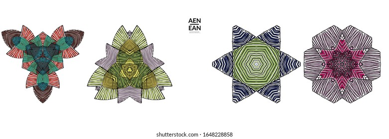 Abstract geometric shape with roughly hand drawn black lines and colored stripes. Striped symmetrical geometrical symbol. Vector isolated on white. Properly grouped for black outline and colored part.