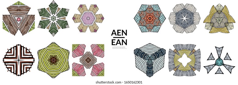 Abstract geometric shape with roughly hand drawn black lines and colored stripes. Striped symmetrical geometrical symbol. Vector isolated on white. Properly grouped for black outline and colored part.