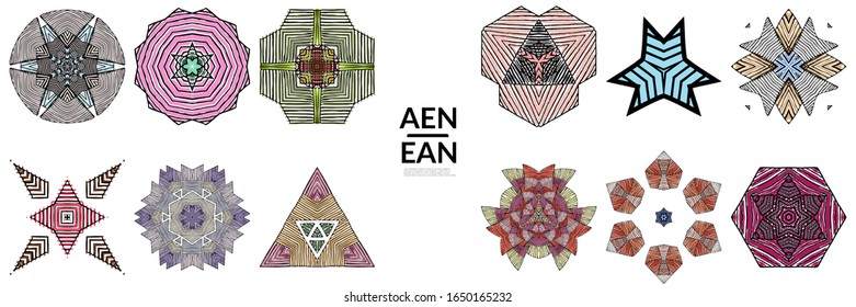 Abstract geometric shape with roughly hand drawn black lines and colored stripes. Striped symmetrical geometrical symbol. Vector isolated on white. Properly grouped for black outline and colored part.