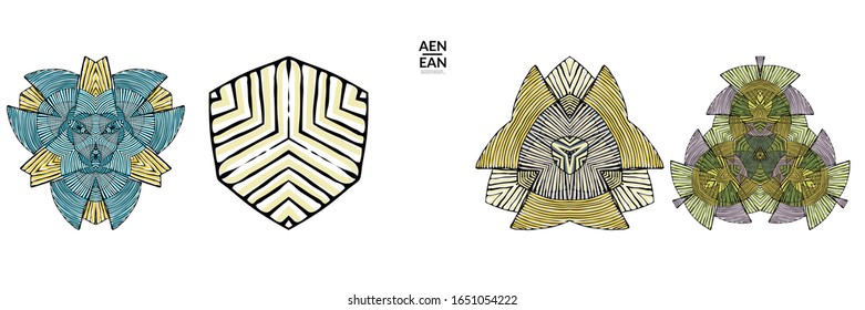 Abstract geometric shape with roughly hand drawn black lines and colored stripes. Striped symmetrical geometrical symbol. Vector isolated on white. Properly grouped for black outline and colored part.