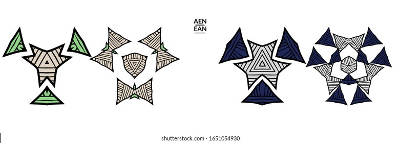 Abstract geometric shape with roughly hand drawn black lines and colored stripes. Striped symmetrical geometrical symbol. Vector isolated on white. Properly grouped for black outline and colored part.