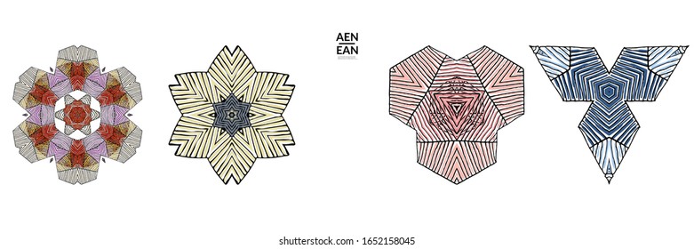 Abstract geometric shape with roughly hand drawn black lines and colored stripes. Striped symmetrical geometrical symbol. Vector isolated on white. Properly grouped for black outline and colored part.