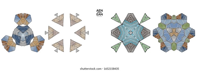 Abstrakte geometrische Form mit grob handgezeichneten schwarzen Linien und farbigen Streifen. Streifen symmetrisches geometrisches Symbol. Vektorillustration einzeln auf Weiß. Richtig gruppiert für schwarze Umrisse und farbige Teile.