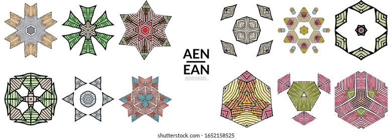 Abstract geometric shape with roughly hand drawn black lines and colored stripes. Striped symmetrical geometrical symbol. Vector isolated on white. Properly grouped for black outline and colored part.