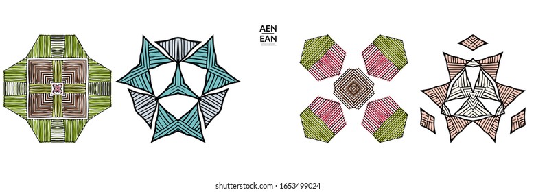 Abstract geometric shape with roughly hand drawn black lines and colored stripes. Striped symmetrical geometrical symbol. Vector isolated on white. Properly grouped for black outline and colored part.