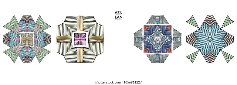 Abstract geometric shape with roughly hand drawn black lines and colored stripes. Striped symmetrical geometrical symbol. Vector isolated on white. Properly grouped for black outline and colored part.