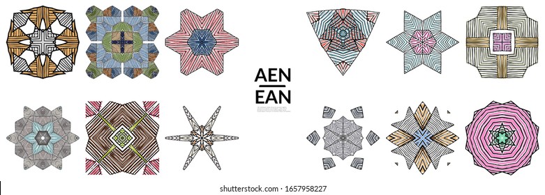 Abstract geometric shape with roughly hand drawn black lines and colored stripes. Striped symmetrical geometrical symbol. Vector isolated on white. Properly grouped for black outline and colored part.