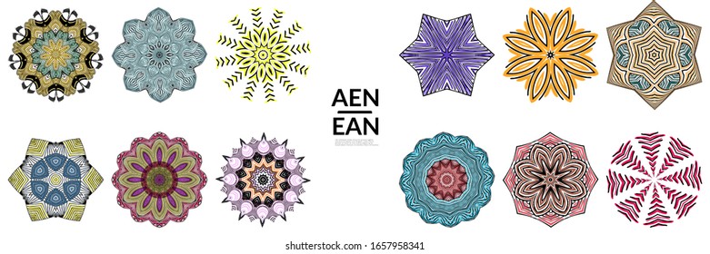 Abstract geometric shape with roughly hand drawn black lines and colored stripes. Striped symmetrical geometrical symbol. Vector isolated on white. Properly grouped for black outline and colored part.
