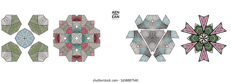 Abstract geometric shape with roughly hand drawn black lines and colored stripes. Striped symmetrical geometrical symbol. Vector isolated on white. Properly grouped for black outline and colored part.