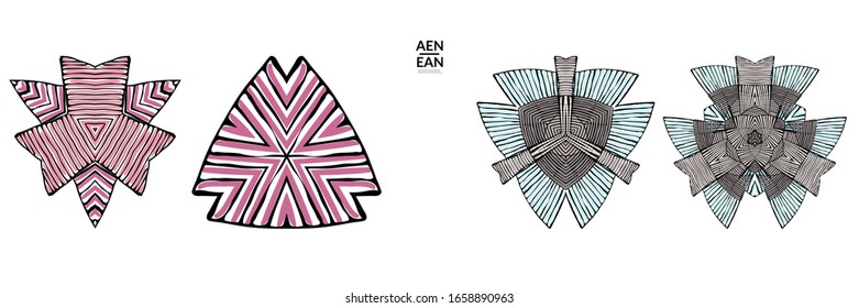 Abstract geometric shape with roughly hand drawn black lines and colored stripes. Striped symmetrical geometrical symbol. Vector isolated on white. Properly grouped for black outline and colored part.