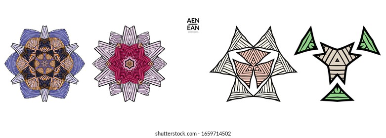 Abstract geometric shape with roughly hand drawn black lines and colored stripes. Striped symmetrical geometrical symbol. Vector isolated on white. Properly grouped for black outline and colored part.