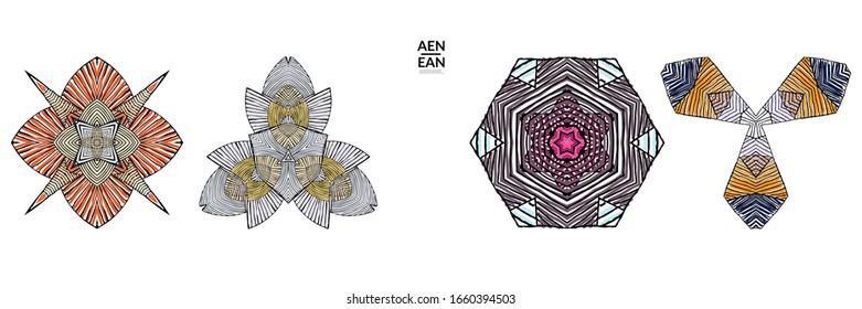 Abstract geometric shape with roughly hand drawn black lines and colored stripes. Striped symmetrical geometrical symbol. Vector isolated on white. Properly grouped for black outline and colored part.