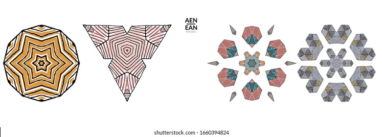 Abstract geometric shape with roughly hand drawn black lines and colored stripes. Striped symmetrical geometrical symbol. Vector isolated on white. Properly grouped for black outline and colored part.