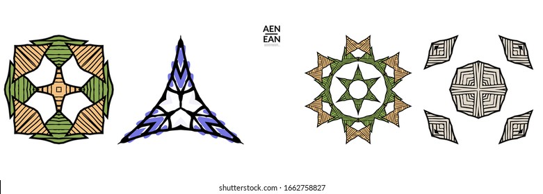 Abstract geometric shape with roughly hand drawn black lines and colored stripes. Striped symmetrical geometrical symbol. Vector isolated on white. Properly grouped for black outline and colored part.