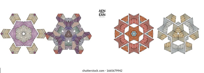 Abstract geometric shape with roughly hand drawn black lines and colored stripes. Striped symmetrical geometrical symbol. Vector isolated on white. Properly grouped for black outline and colored part.