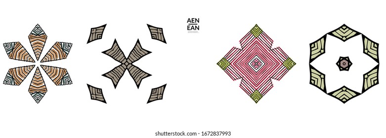 Abstract geometric shape with roughly hand drawn black lines and colored stripes. Striped symmetrical geometrical symbol. Vector isolated on white. Properly grouped for black outline and colored part.
