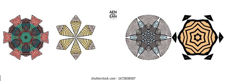 Forma geométrica abstracta con líneas negras dibujadas a mano y rayas coloreadas. Símbolo geométrico simétrico rayado. Vector aislado en blanco. Se agrupa correctamente para el contorno negro y la pieza coloreada.