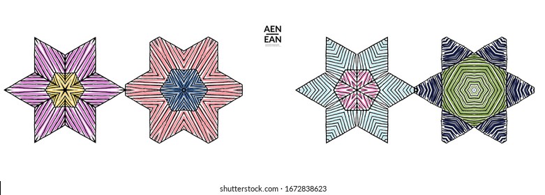 Abstract geometric shape with roughly hand drawn black lines and colored stripes. Striped symmetrical geometrical symbol. Vector isolated on white. Properly grouped for black outline and colored part.