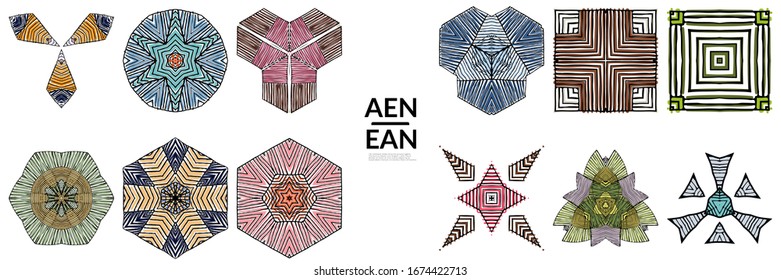 Abstract geometric shape with roughly hand drawn black lines and colored stripes. Striped symmetrical geometrical symbol. Vector isolated on white. Properly grouped for black outline and colored part.
