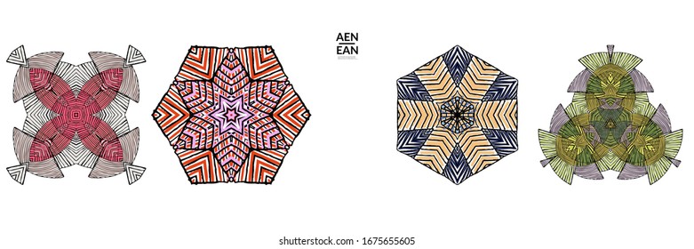 Abstract geometric shape with roughly hand drawn black lines and colored stripes. Striped symmetrical geometrical symbol. Vector isolated on white. Properly grouped for black outline and colored part.