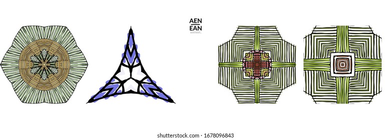 Abstract geometric shape with roughly hand drawn black lines and colored stripes. Striped symmetrical geometrical symbol. Vector isolated on white. Properly grouped for black outline and colored part.