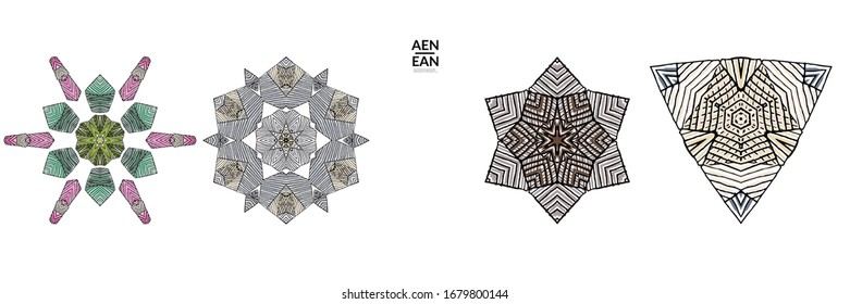 Abstract geometric shape with roughly hand drawn black lines and colored stripes. Striped symmetrical geometrical symbol. Vector isolated on white. Properly grouped for black outline and colored part.