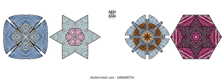 Abstract geometric shape with roughly hand drawn black lines and colored stripes. Striped symmetrical geometrical symbol. Vector isolated on white. Properly grouped for black outline and colored part.